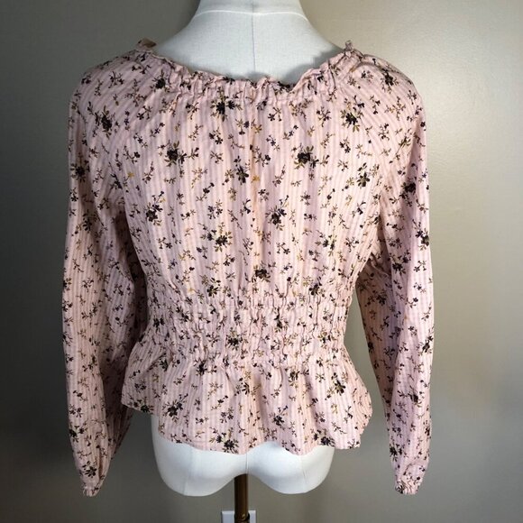 Madewell Pink Floral Smocked Peplum 100% Cotton Long Sleeve Blouse Size M - Picture 2 of 10